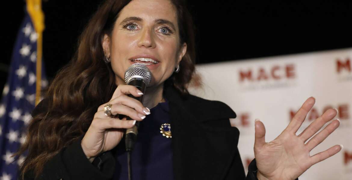 FILE - Republican Nancy Mace talks to supporters during her election night party on Nov. 3, 2020, in Mount Pleasant, S.C. Mace is set to meet two GOP challengers on the debate stage, Monday, May 23, 2022, who are seeking to oust her from South Carolina's 1st Congressional District. (AP Photo/Mic Smith, File)