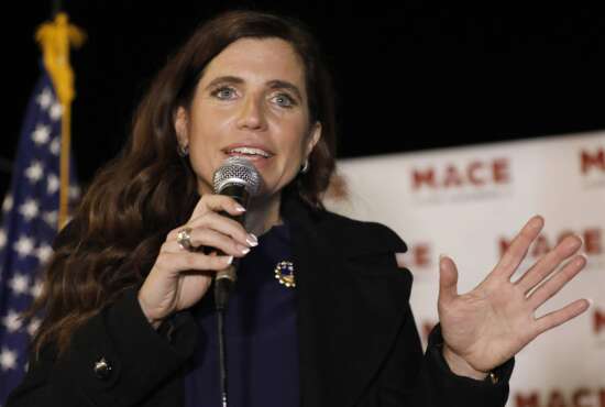 FILE - Republican Nancy Mace talks to supporters during her election night party on Nov. 3, 2020, in Mount Pleasant, S.C. Mace is set to meet two GOP challengers on the debate stage, Monday, May 23, 2022, who are seeking to oust her from South Carolina's 1st Congressional District. (AP Photo/Mic Smith, File)