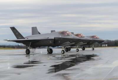 F-35 Lightning II Aircraft assigned to the 158th Fighter Wing, Burlington Air National Guard Base, prepare for takeoff, April 13, 2022, in Burlington, Vt. The first overseas deployment of the Vermont Air National Guard's F-35 fighter jets will have the pilots and their aircraft patrolling the skies of Europe during one of the most tense periods in recent history. More than 200 Vermont air guard personnel, their equipment and eight F-35s are now in Europe. (Staff Sgt. Cameron Lewis/U.S. Air National Guard via AP)