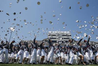 United States Military Academy graduating cadets celebrate at the end of their graduation ceremony of the U.S. Military Academy class of 2022 at Michie Stadium on Saturday, May 21, 2022, in West Point, N.Y. (AP Photo/Eduardo Munoz Alvarez)