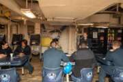 Crew on board the USS George Washington aircraft carrier.