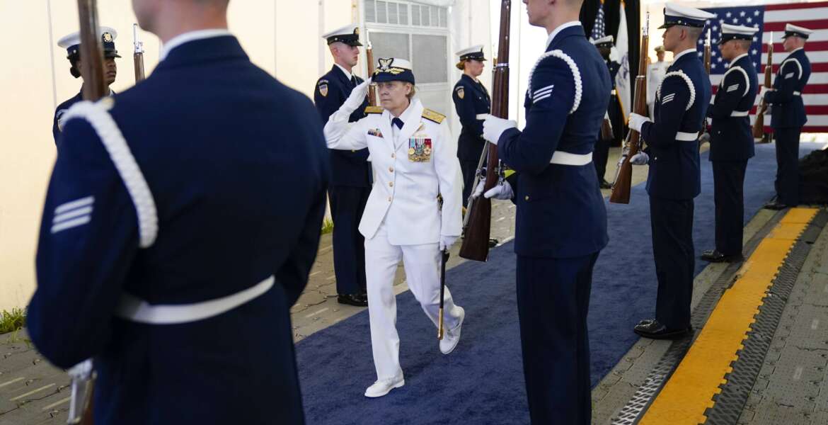 Adm. Linda Fagan arrives for a change of command ceremony at U.S. Coast Guard headquarters, Wednesday, June 1, 2022, in Washington. Adm. Karl L. Schultz is being relieved by Adm. Linda Fagan as the Commandant of the U.S. Coast Guard. (AP Photo/Evan Vucci)
