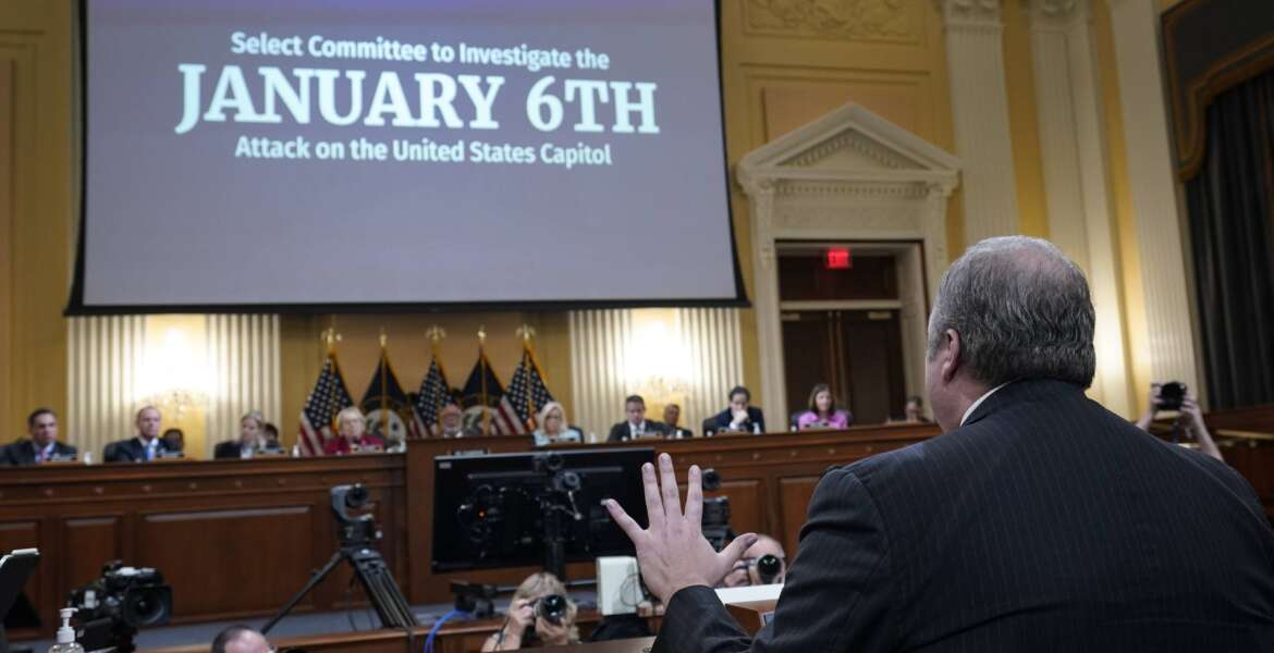 Chris Stirewalt, former Fox News political editor, bottom right, speaks as the House select committee investigating the Jan. 6 attack on the U.S. Capitol meets to reveal its findings of a year-long investigation, at the Capitol in Washington, Monday, June 13, 2022. House investigators are trying to make a methodical case that President Donald Trump’s lies about the 2020 election led directly to the insurrection by his supporters at the Capitol on Jan. 6, 2021. AP Photo/J. Scott Applewhite)
