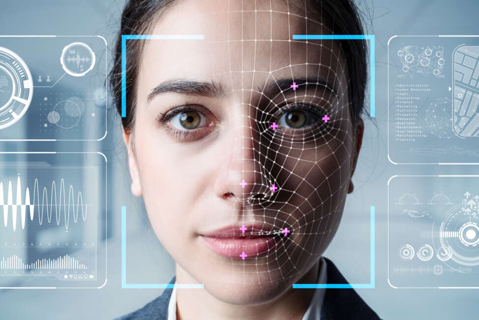 Authentication by facial recognition concept. Biometric. Security system.