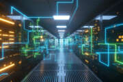 Digital information travels through fiber optic cables through the network and data servers behind glass panels in the server room of the data center. High speed digital lines 3d illustration