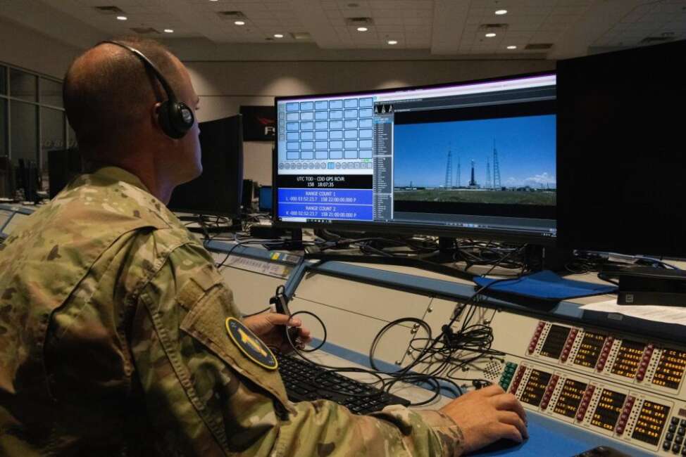 U.S. Space Force Capt. Mark Conque, 1st Range Operations Squadron assistant director of operations, uses the Range Application Deployment system to assess Space Launch Complex 40 June 7, 2022, at Cape Canaveral Space Force Station, Fla. The RAD system offers up to 25 video feeds to support launch operations. (U.S. Space Force photo by Tech. Sgt. James Hodgman)