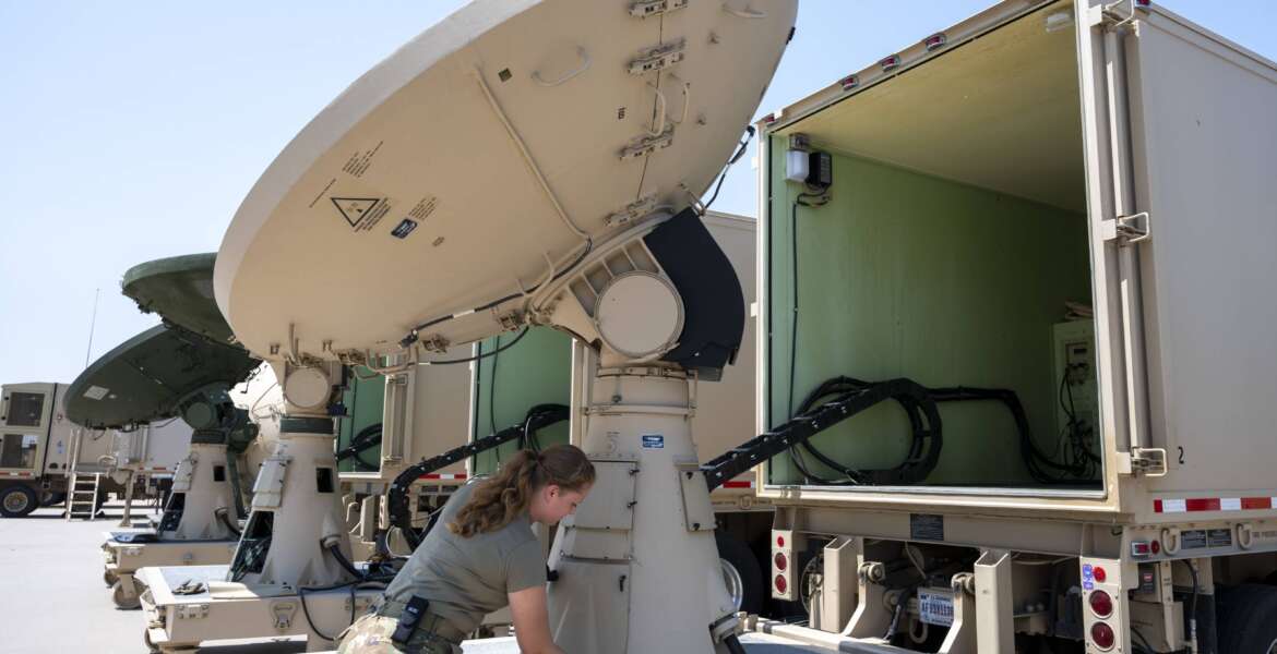 U.S. Air Force Staff Sgt. Rhyan Acey performs maintenance on the AN/TSQ-180 Milstar Communications Vehicle July 30, 2021, at the 233rd Space Group, Greeley Air National Guard Station, Greeley, Colorado. The 233rd Space Group was the first National Guard unit to assume a U.S. Space Command mission. (U.S. Air National Guard photo by Master Sgt. Amanda Geiger)