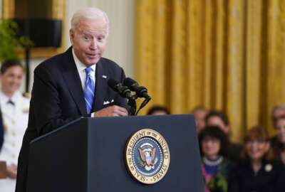 President Joe Biden speaks before he awards the Presidential Medal of Freedom, to 17 people at the White House in Washington, Thursday, July 7, 2022. (AP Photo/J. Scott Applewhite)