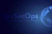 Vector illustration of DevSecOps typography in a futuristic backgroud. Cybersecurity concept ..