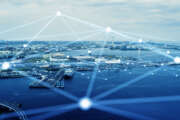 Modern port and ships aerial view and communication network concept. Ship radio. 5G. IoT.