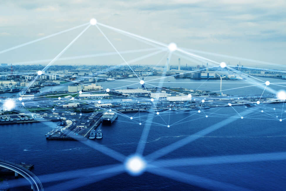 Modern port and ships aerial view and communication network concept. Ship radio. 5G. IoT.