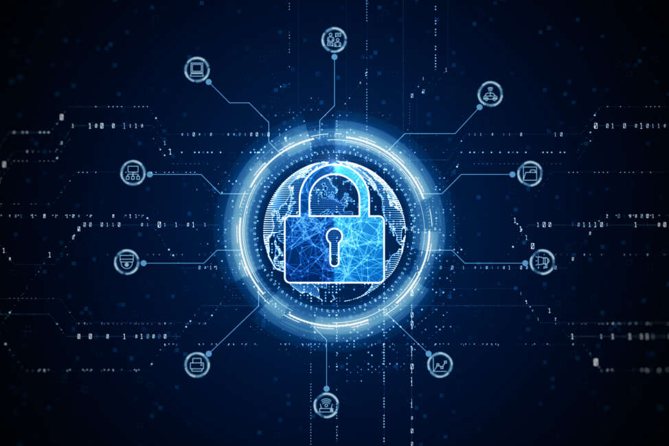 HUD Padlock Icon Cyber Security, Digital Data Network Protection, Future Technology Digital Data Network Connection Background Concept. 3d rendering