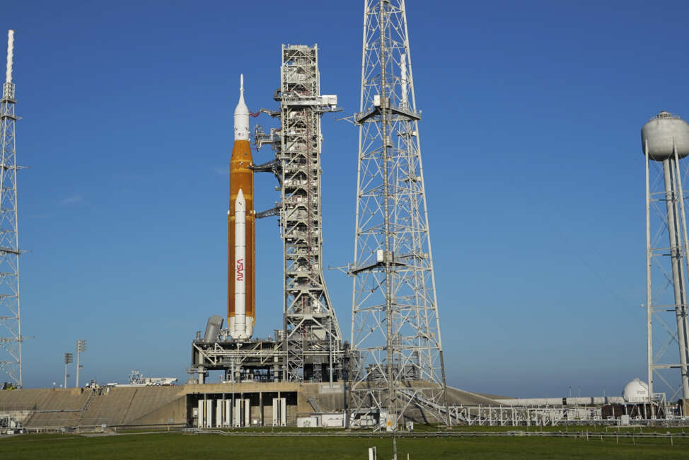 The NASA moon rocket as stands on Pad 39B for the Artemis 1 mission to orbit the Moon at the Kennedy Space Center, Tuesday, Sept. 6, 2022, in Cape Canaveral, Fla. No new launch date has been scheduled as of today. (AP Photo/John Raoux)