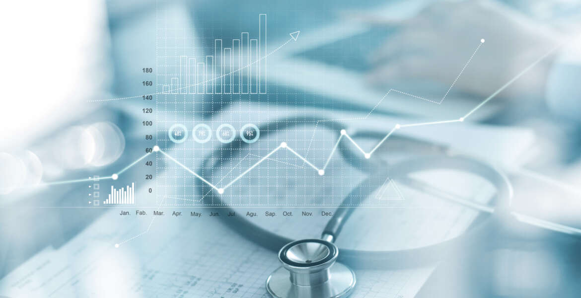 A health care data and AI concept showing charts and graphs overlaid across medical equipment.