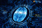 Artificial intelligence concept. Brain over the circuit board. HUD future technology digital background. 3d rendering