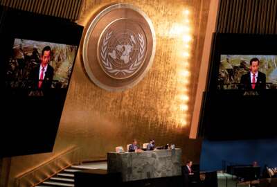 Permanent representative to the United Nations Kim Song of North Korea addresses the 77th session of the U.N. General Assembly, Monday, Sept. 26, 2022, at the U.N. headquarters. (AP Photo/Julia Nikhinson)
