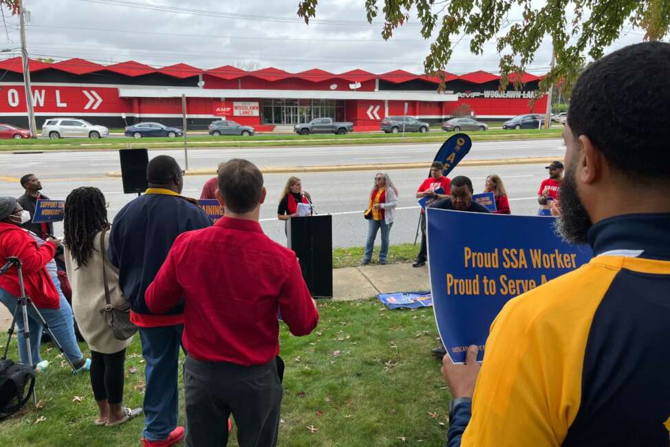 Jessica LaPointe, president of AFGE Chapter 220, addresses Social Security Administration employees gathered outside SSA’s headquarters in Baltimore.