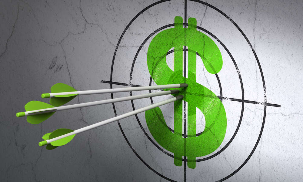 Success currency concept: arrows hitting the center of Green Dollar target on wall background, 3d render