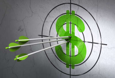 Success currency concept: arrows hitting the center of Green Dollar target on wall background, 3d render