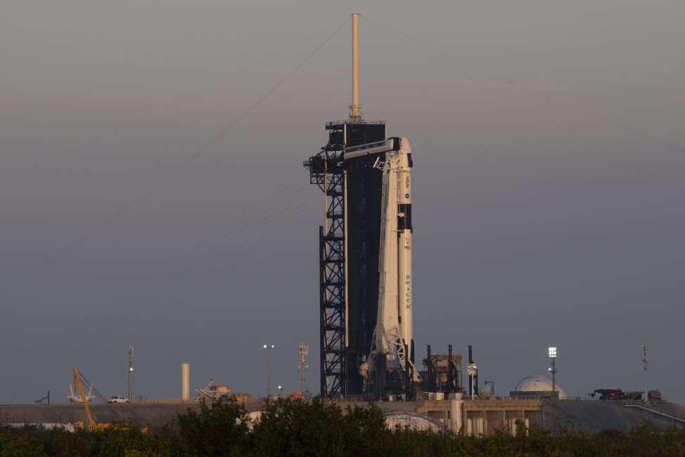 A SpaceX Falcon 9 rocket with the company's Dragon spacecraft on top is seen at sunrise on the launch pad at Launch Complex 39A as preparations continue for the Crew-6 mission, Thursday, Feb. 23, 2023, at NASA's Kennedy Space Center in Florida.  (Joel Kowsky