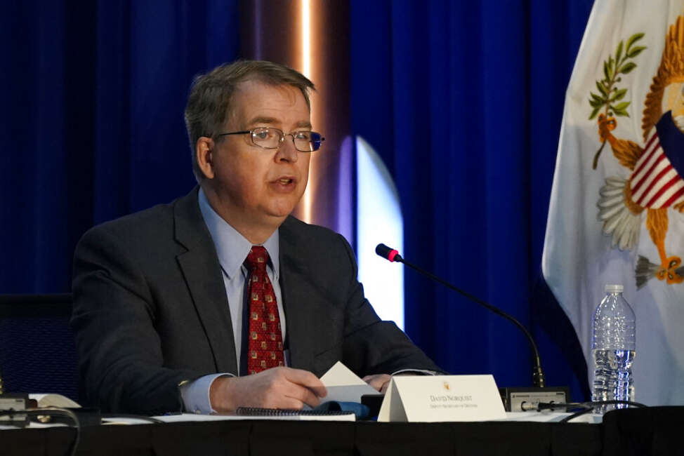 David Norquist, Deputy Secretary of Defense speaks during the eighth meeting of the National Space Council at the Kennedy Space Center Wednesday, Dec. 9, 2020, in Cape Canaveral , Fla. (AP Photo/John Raoux)