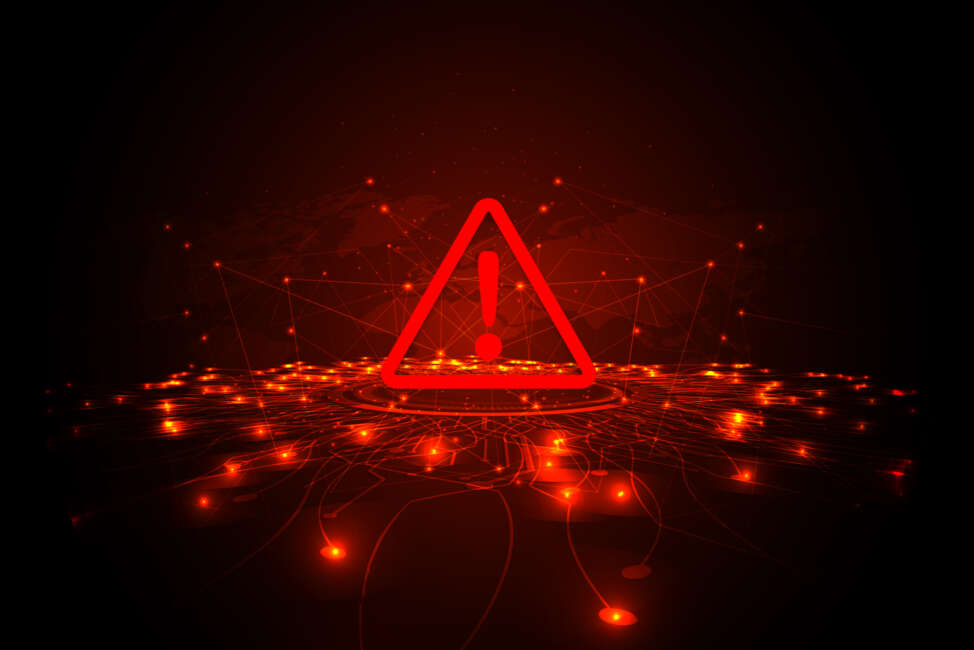 Hacking Concept. Attention warning attacker alert sign with exclamation mark on dark red background.Security protection Concept. vector illustration.