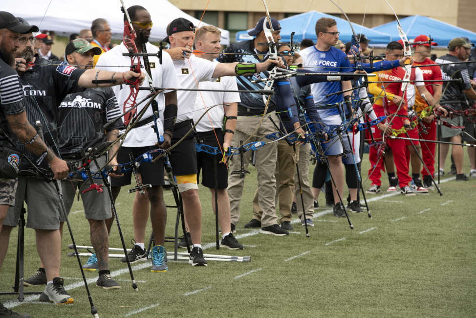 Archers line up for the team competition in 2023 DoD Warrior Games at Naval Base Coronado in San Diego, Calif. June 9, 2023. (DoD photo by EJ Hersom)