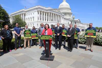 Rep. Katie Porter (D-Calif.), accompanied by federal wildland firefighters and union leaders, speaks to reporters in front of the Capitol building.