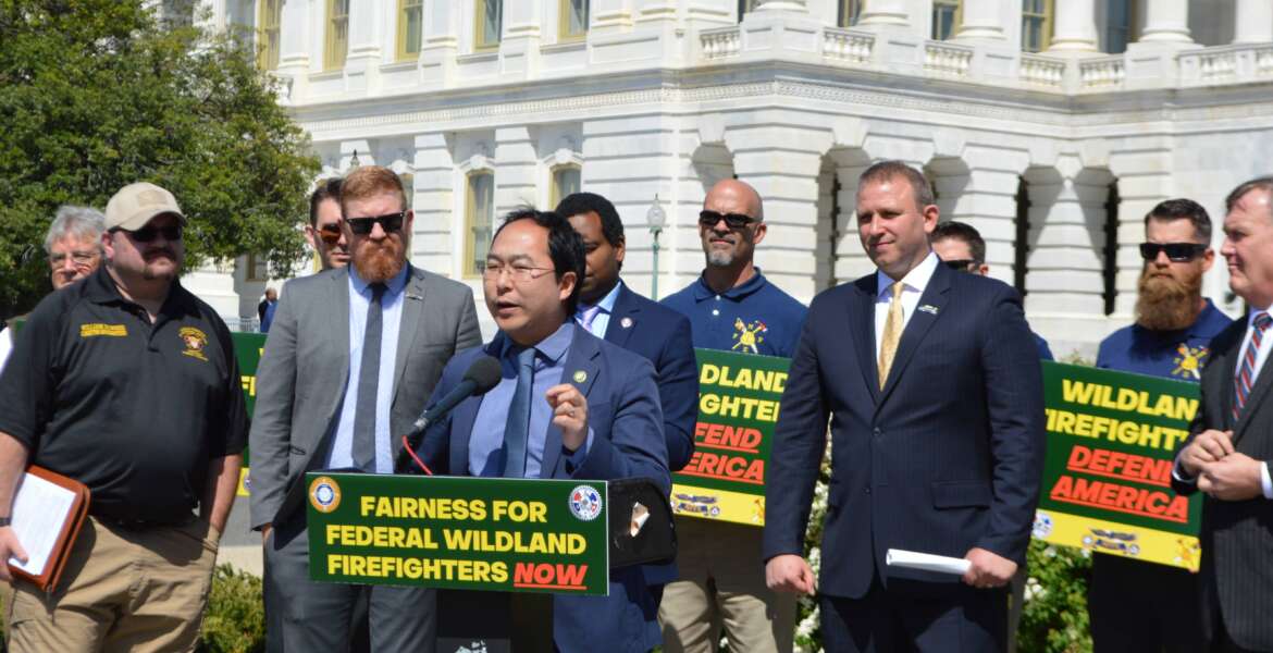 Rep. Andy Kim (D-N.J.) speaks to reporters in front of the Capitol building about workforce challenges for federal wildland firefighters. Photo by Drew Friedman, Federal News Network.