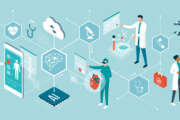 Doctors and researchers using innovative technologies for medicine and healthcare: artificial intelligence, virtual reality, drones, stem cells and digital organs