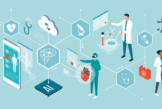 Doctors and researchers using innovative technologies for medicine and healthcare: artificial intelligence, virtual reality, drones, stem cells and digital organs