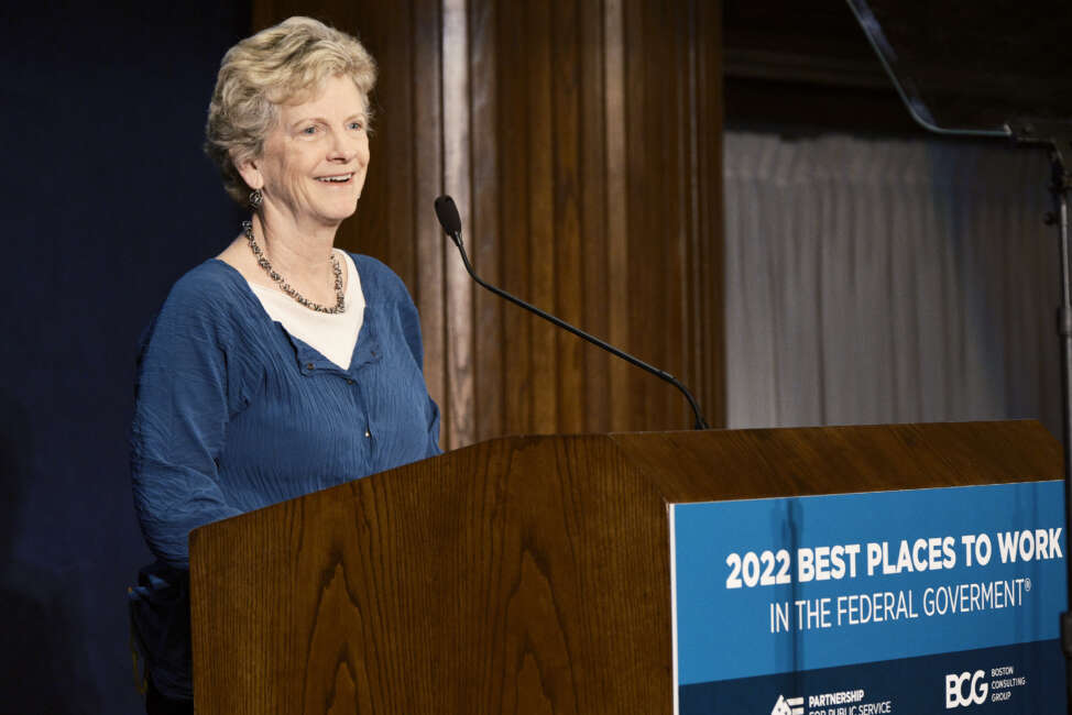 GSA Administrator Robin Carnahan speaks during the Partnership for Public Service's 2022 Best Places to Work in the Federal Government awards breakfast at the Press Club in Washington, D.C., on April 12, 2023.