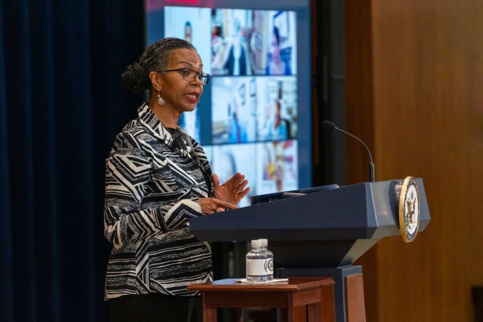 Chief Diversity and Inclusion Officer Ambassador Gina Abercrombie-Winstanley joined Secretary of State Antony Blinken at the inaugural meeting of the Diversity and Inclusion Leadership Council, at the U.S. Department of State in Washington, D.C. on July 21, 2021.  [State Department photo by Ron Przysucha/ Public Domain]