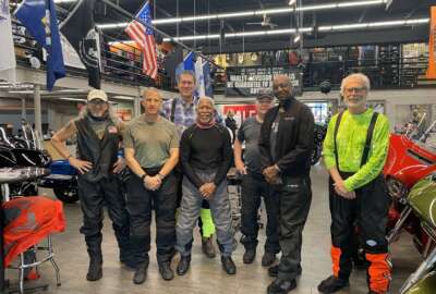Riders gather at District Harley Davidson in Gaithersburg, Maryland, before embarking on Federal News Network's 4th Annual Motorcycle Ride for Charity. From left, organizer and Federal Drive Host Tom Temin, Danno Svaranowic of GSA, Allen Hill of the FCC, Walter Dandridge of ATF, Marc Thompson of Arcfield, Kevin Stanfield of Federal News Network, Tom Miner of Rockville. (Photo by Diane Mohns, District H-D)