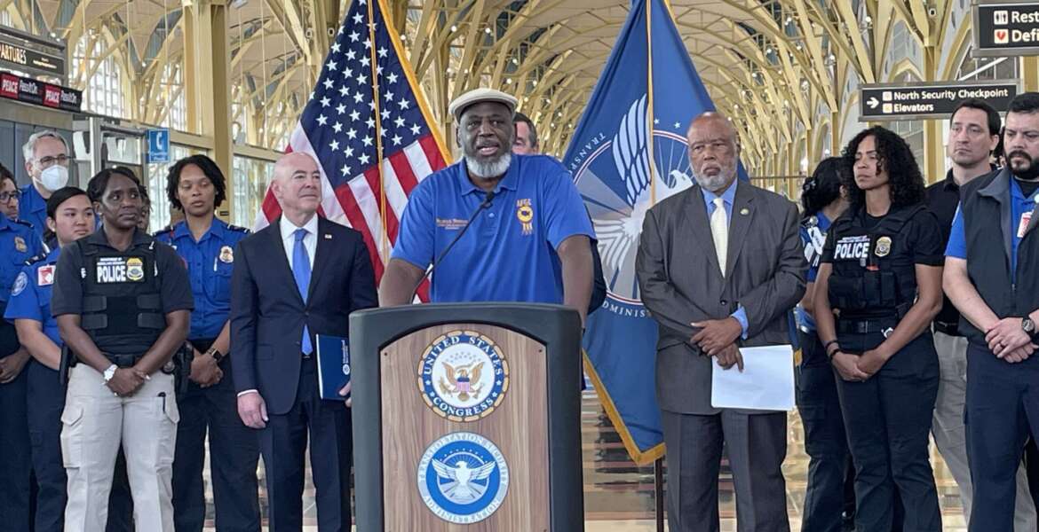 Hydrick Thomas, the president of TSA Council 100 for the American Federation of Government Employees, speaks about TSA pay raises during a July 27 press conference at Reagan National Airport in Washington, DC.