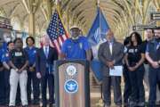 Hydrick Thomas, the president of TSA Council 100 for the American Federation of Government Employees, speaks about TSA pay raises during a July 27 press conference at Reagan National Airport in Washington, DC.