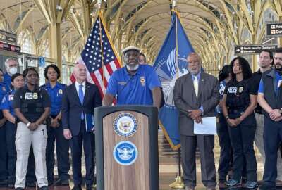 Hydrick Thomas, the president of TSA Council 100 for the American Federation of Government Employees, speaks about TSA pay raises during a July 27 press conference at Reagan National Airport in Washington, DC.