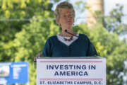 U.S. General Services Administration Administrator Robin Carnahan speaks during a press conference announcing investment of Inflation Reduction Act funds at the St. Elizabeth Department of Homeland Security campus on Thursday, Aug. 17, 2023, in Washington. (AP Photo/Nathan Howard)