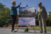 U.S. General Services Administration Administrator Robin Carnahan, left, and Del. Eleanor Holmes Norton, D-D.C., speak during a press conference announcing investment of Inflation Reduction Act funds at the St. Elizabeth Department of Homeland Security campus on Thursday, Aug. 17, 2023, in Washington. (AP Photo/Nathan Howard)