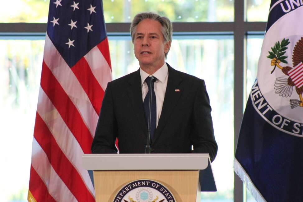 Secretary of State Antony Blinken speaks at the Foreign Service Institute in Arlington, Virginia.