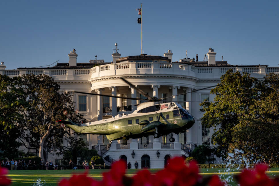 Marine One carrying President Joe Biden departs the South Lawn of the White House, Friday, September 15, 2023 en route to Delaware Air National Guard Base in New Castle, Delaware.(Official White House Photo by Carlos Fyfe)