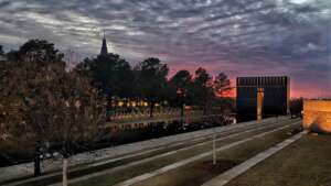 Image of Alfred P. Murrah Federal Building memorial at sunset.
