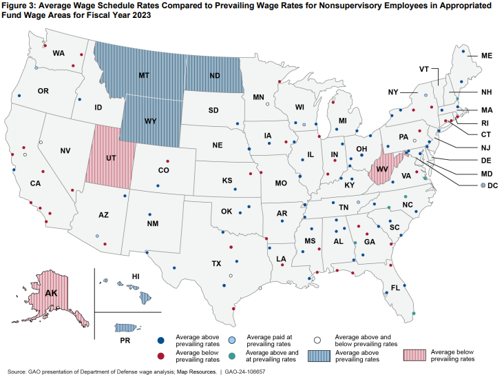 Map showing Federal Wage System localities above and below market rates.