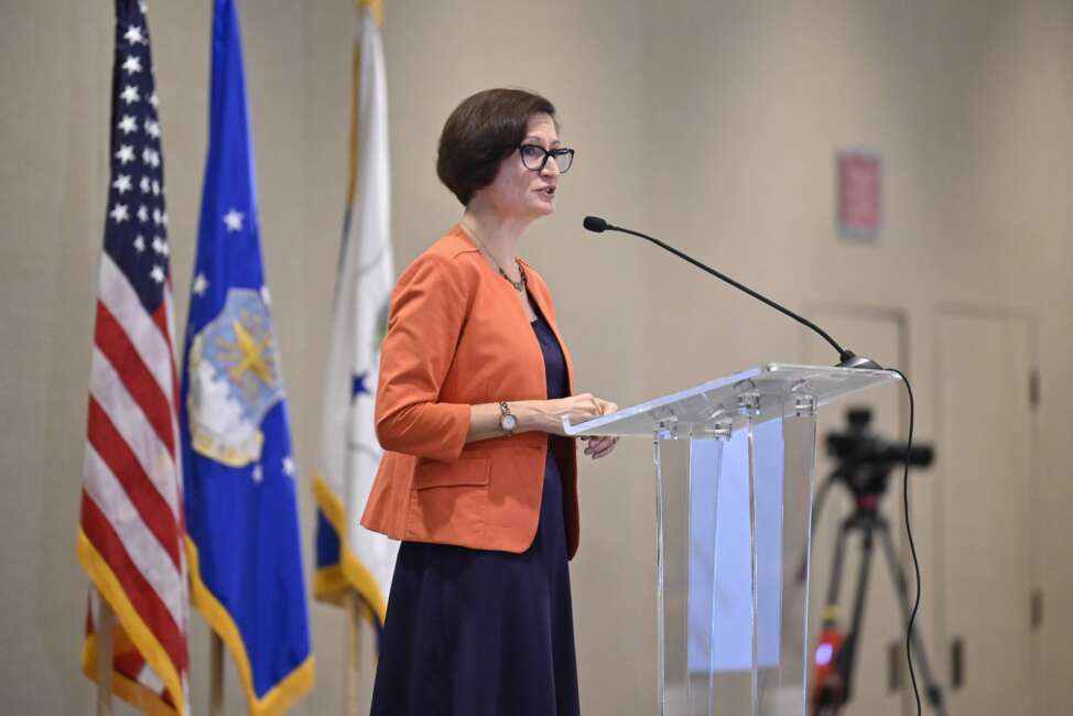  Cara Abercrombie, National Security Council senior director for defense, speaks with attendees during the Senior Enlisted Leader International Summit in Arlington, Va., Aug. 3, 2022. The summit is hosting senior enlisted leaders from 54 countries to reinforce partnerships between military services. (U.S. Air Force photo by Eric Dietrich) 