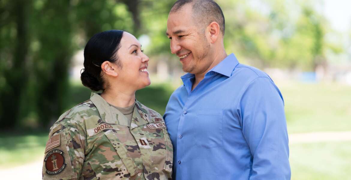 U.S. Air Force Capt. Jennifer Orozco, 60th Medical Operations Squadron clinical social worker and her spouse, Josue, participate in the Military Spouse Appreciation Day campaign at Travis Air Force Base, California, April 7, 2022.