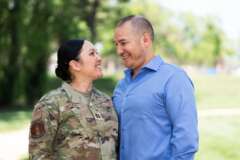 military spouse, U.S. Air Force Capt. Jennifer Orozco, 60th Medical Operations Squadron clinical social worker and her spouse, Josue, participate in the Military Spouse Appreciation Day campaign at Travis Air Force Base, California, April 7, 2022.