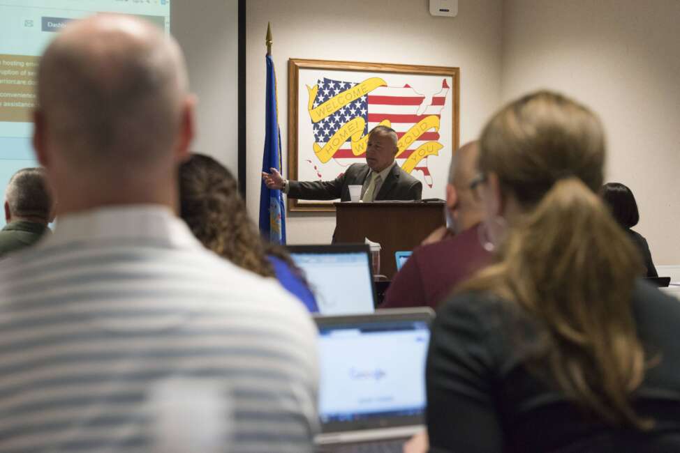 Anthony Weeks, 88th Force Support Squadron veteran affairs benefits advisor, briefs students about the Transition Assistance Program Oct. 21, 2016 at Wright-Patterson Air Force Base, Ohio. Transition Assistance provides workshops and mandatory pre-separation counseling for those transitioning from the military. (U.S. Air Force photo by Michelle Gigante)