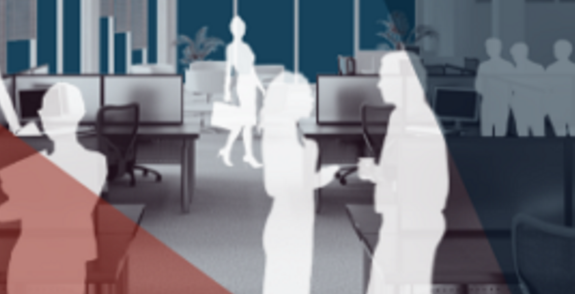 Sillhouettes of employees in an office representing telework.