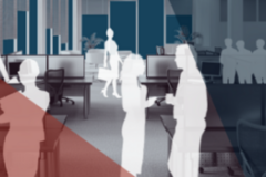 Sillhouettes of employees in an office representing telework.