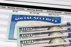 Social Security Card, benefits statement and 100 dollar bills. Social security funding, payment, retirement and federal government benefits concept